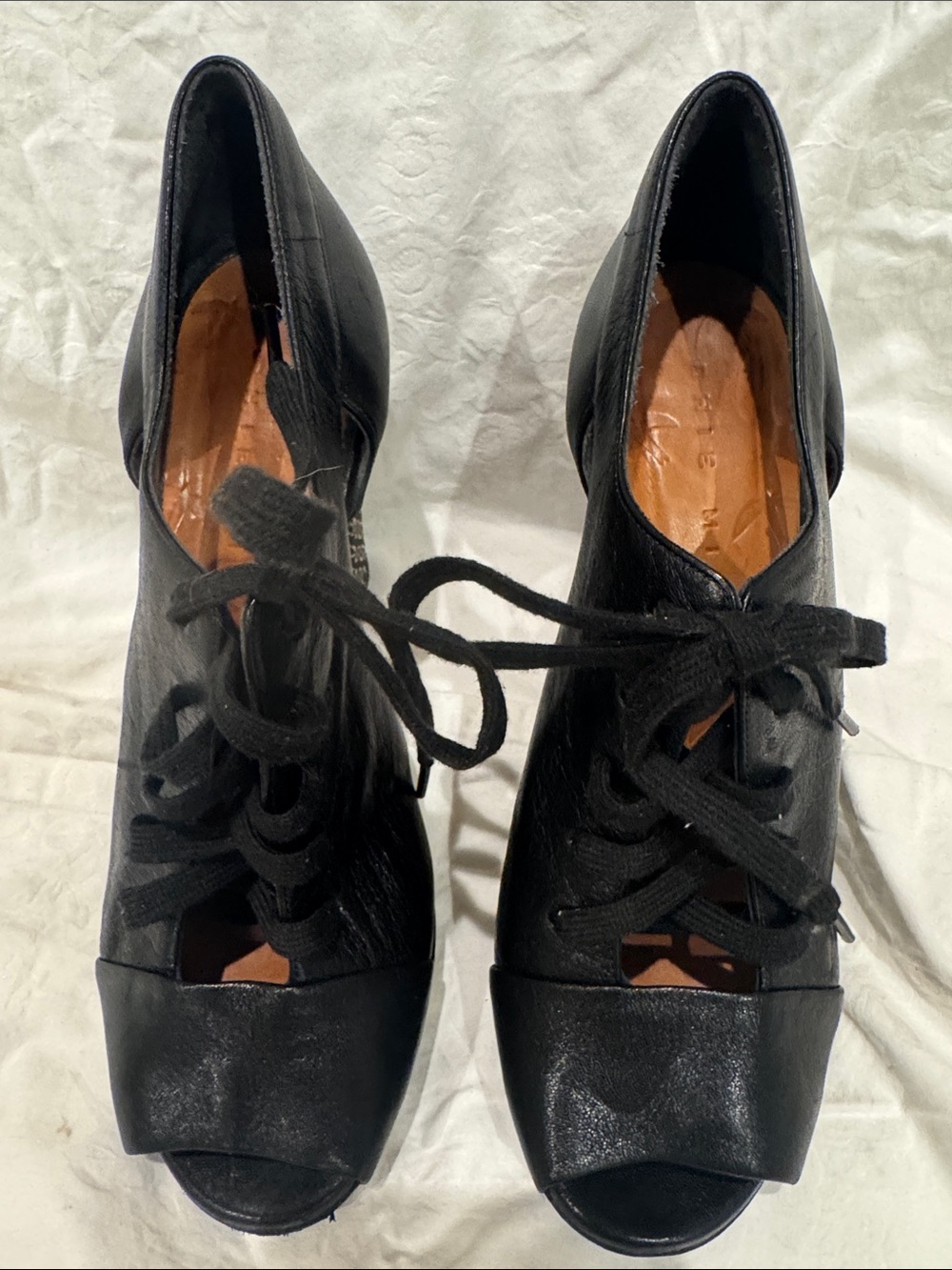 Chie Mihara Black Lace-Up Peep Toe Heels. Never work size 38 / US 8